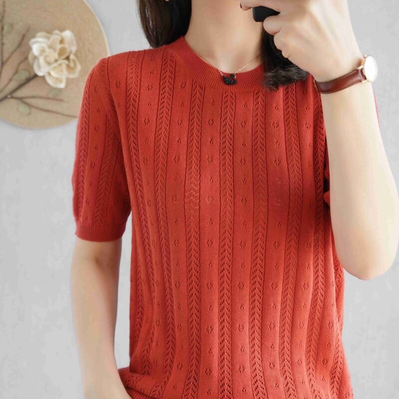 Cotton short-sleeved women's round neck summer new hollow knitted cotton T-shirt loose pullover all-around half sleeve