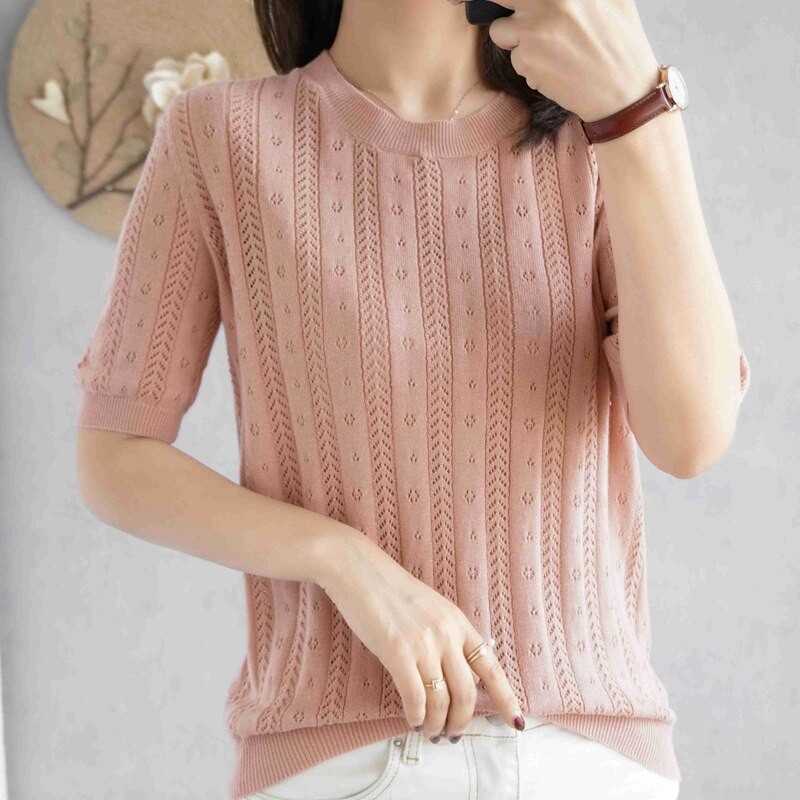Cotton short-sleeved women's round neck summer new hollow knitted cotton T-shirt loose pullover all-around half sleeve
