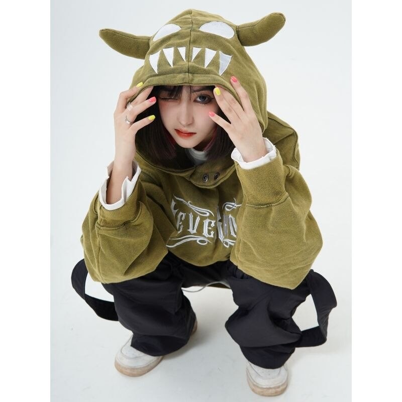 Retro embroidered letters devil sweater women's horns pullover American style loose all-match new fashion retro sweater y2k top