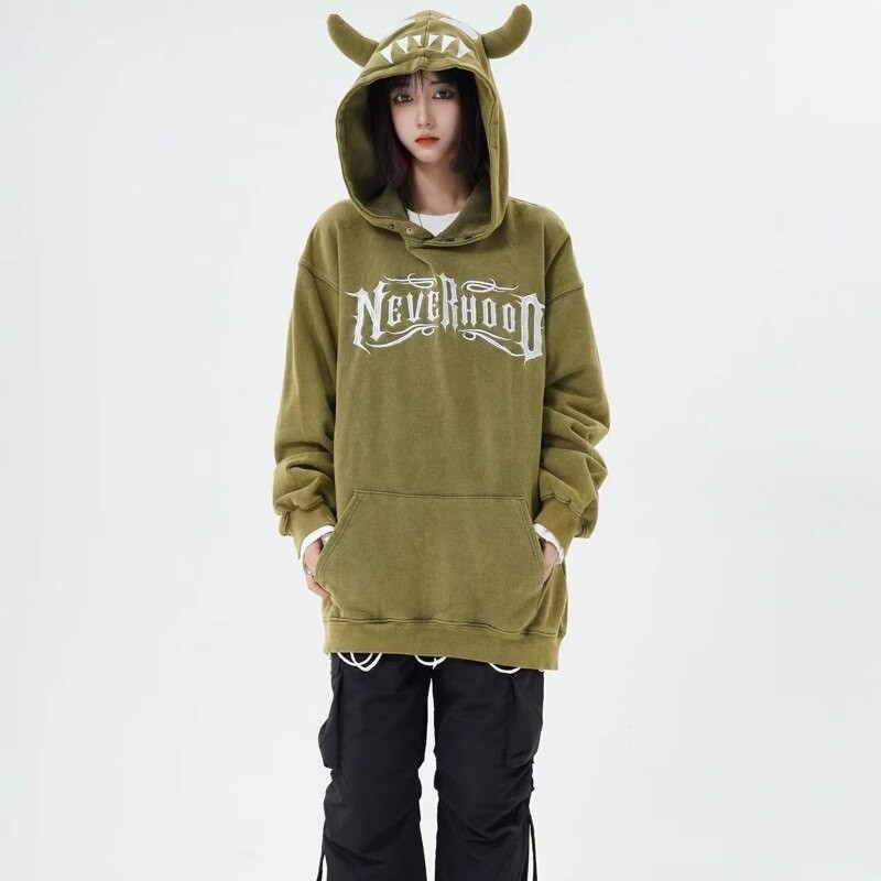 Retro embroidered letters devil sweater women's horns pullover American style loose all-match new fashion retro sweater y2k top