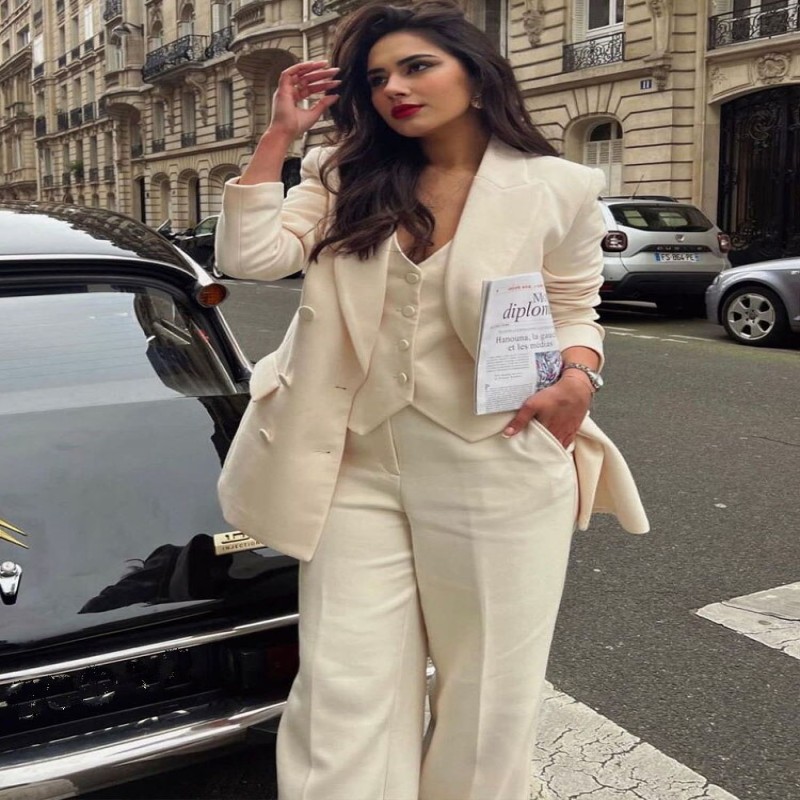 Zach AiIsa Women's Fashion Vest Top + High Waist Draped Wide Leg Pants + Lapel Long Sleeve Double-Breasted Blazer