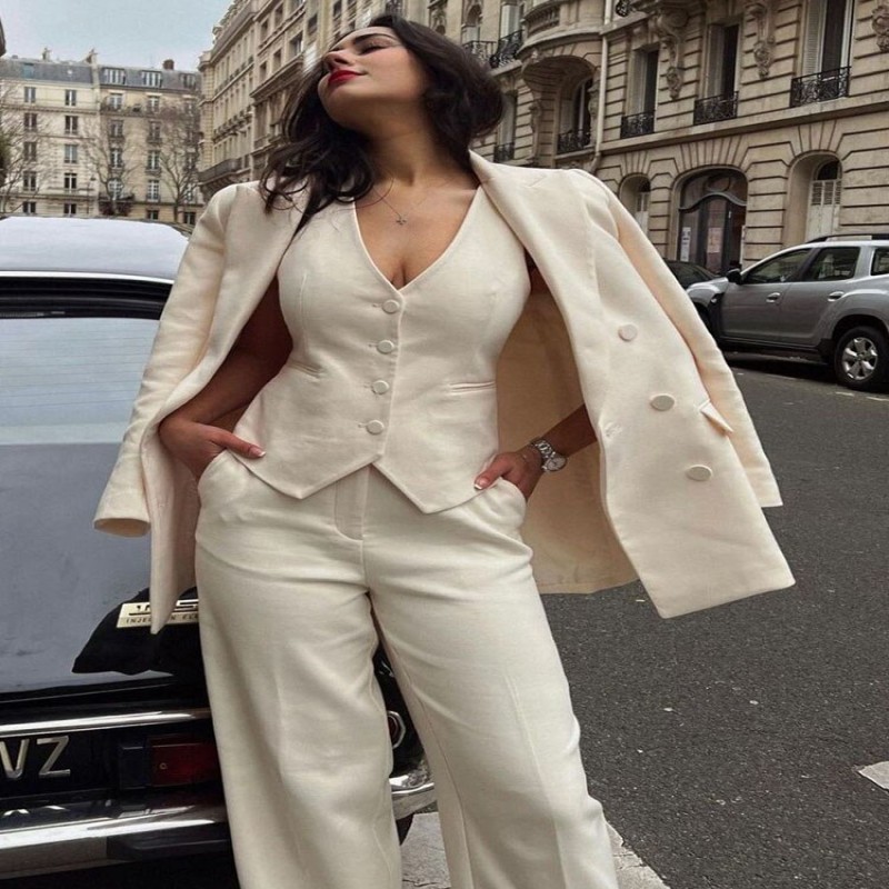 Zach AiIsa Women's Fashion Vest Top + High Waist Draped Wide Leg Pants + Lapel Long Sleeve Double-Breasted Blazer