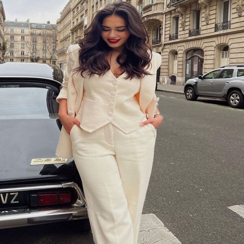 Zach AiIsa Women's Fashion Vest Top + High Waist Draped Wide Leg Pants + Lapel Long Sleeve Double-Breasted Blazer