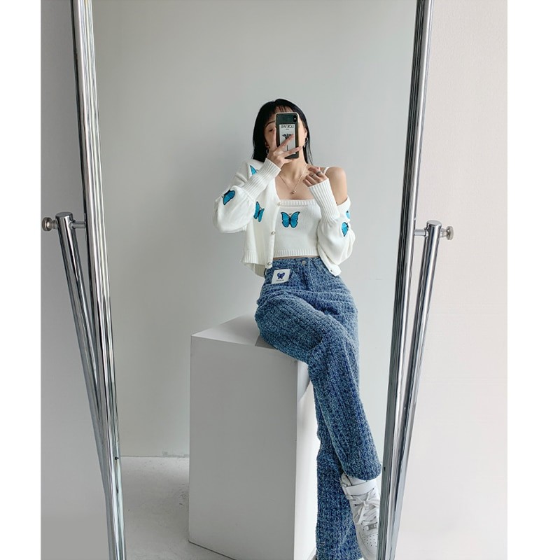 Butterfly Embroidery Knitted Cardigan Two-piece Women's 2023 Spring New Style Temperament Lantern Sleeve Sweater Short Sling Y2k