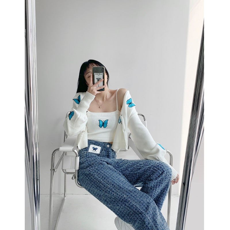 Butterfly Embroidery Knitted Cardigan Two-piece Women's 2023 Spring New Style Temperament Lantern Sleeve Sweater Short Sling Y2k