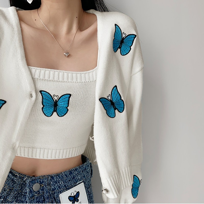 Butterfly Embroidery Knitted Cardigan Two-piece Women's 2023 Spring New Style Temperament Lantern Sleeve Sweater Short Sling Y2k