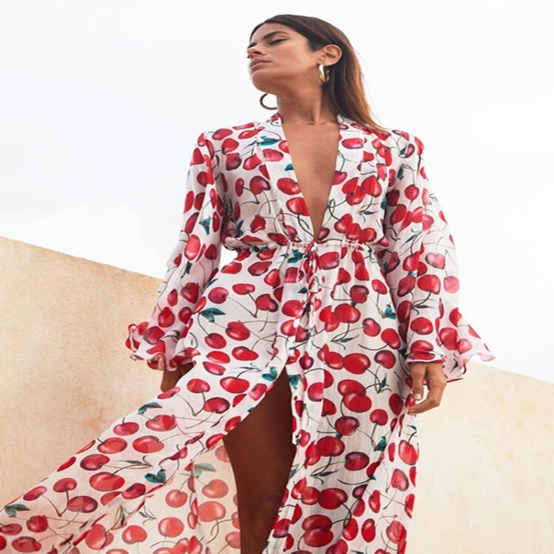 2022 Women Swimsuit Cover Up Sleeve Kaftan Beach Tunic Dress Robe De Plage Solid White Cotton Pareo High Collar Beachwear