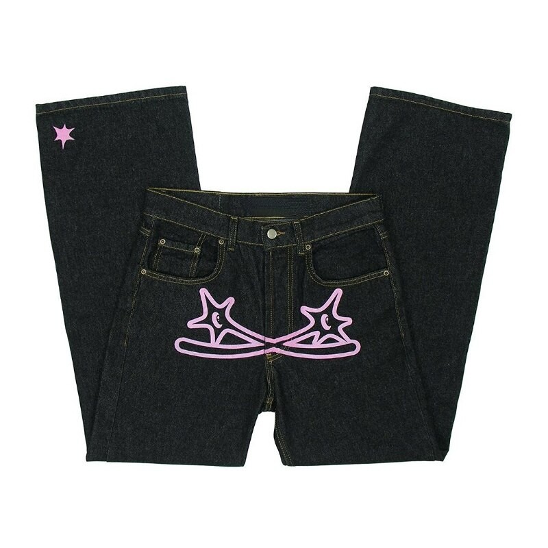 y2k American style star print jeans high street style men and women hip hop loose high-end layered tide brand straight-leg pants
