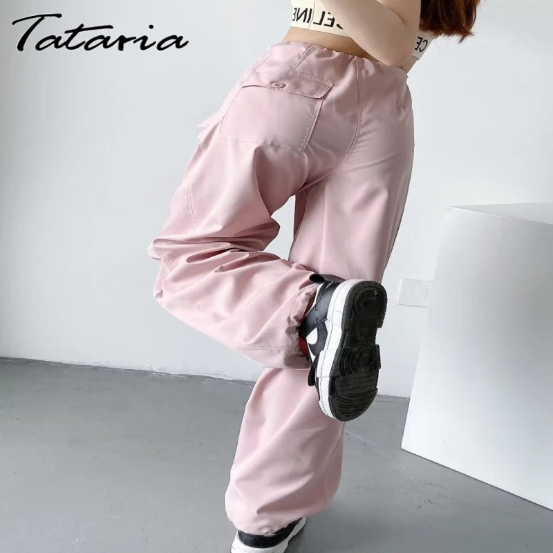 2023 Spring Drawstring Women's Cargo Pants with Pocket Pink Loose Stacked Wide Trousers for Women Joggers Straight Sweatpants