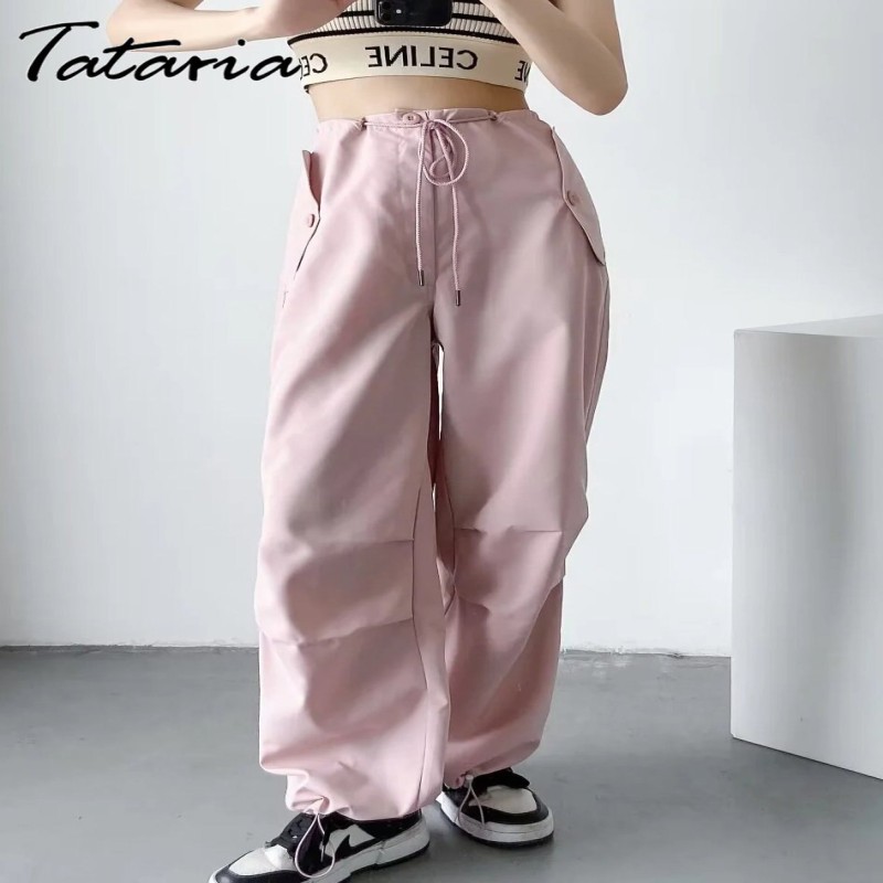 2023 Spring Drawstring Women's Cargo Pants with Pocket Pink Loose Stacked Wide Trousers for Women Joggers Straight Sweatpants