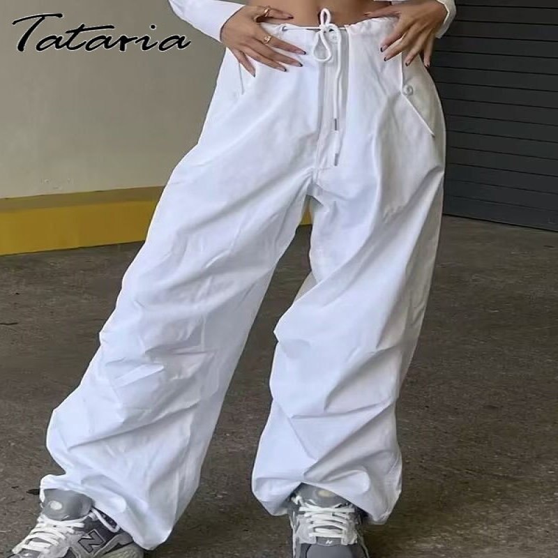 2023 Spring Drawstring Women's Cargo Pants with Pocket Pink Loose Stacked Wide Trousers for Women Joggers Straight Sweatpants