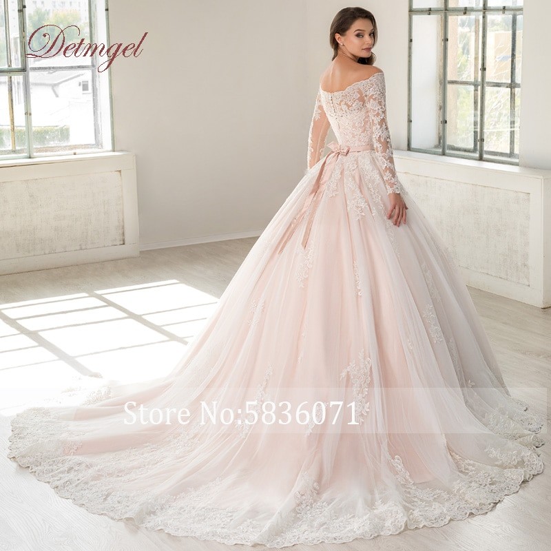 Detmgel 2023 New Vintage Boat Neck A-Line Wedding Dresses Luxury Long-sleeved Belt Applique Beading Court Train Bridal Dresses