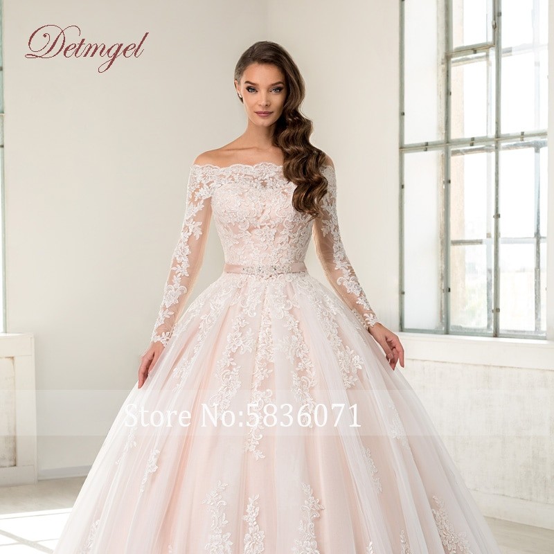 Detmgel 2023 New Vintage Boat Neck A-Line Wedding Dresses Luxury Long-sleeved Belt Applique Beading Court Train Bridal Dresses