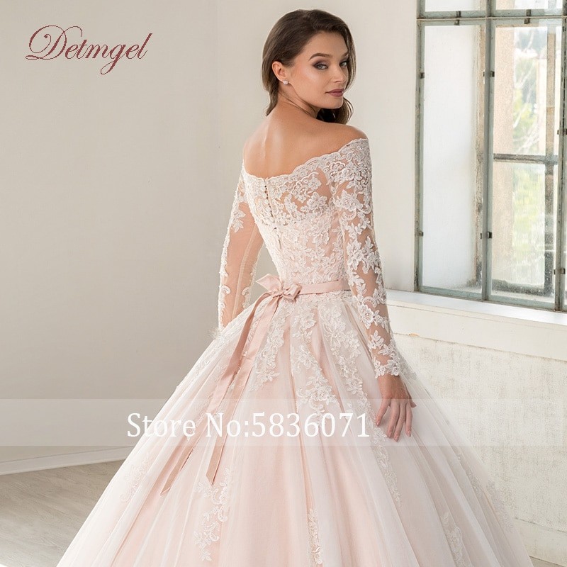 Detmgel 2023 New Vintage Boat Neck A-Line Wedding Dresses Luxury Long-sleeved Belt Applique Beading Court Train Bridal Dresses