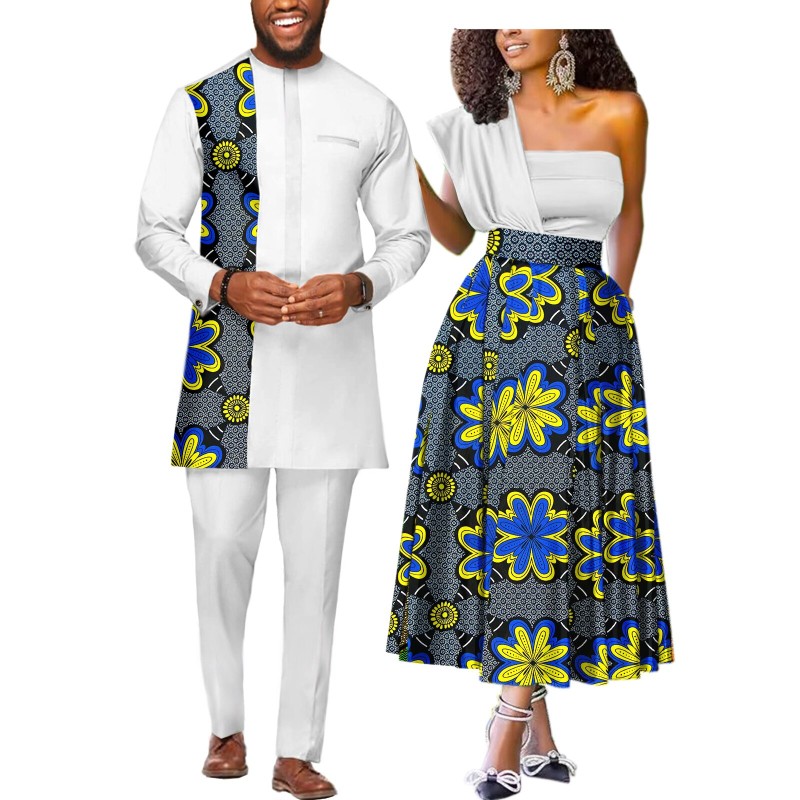 African Couple Matching Clothes for Mens &amp; Women Wedding Dashiki Suits Top Pants Outfit Ankara Print Party Dresses Strapless