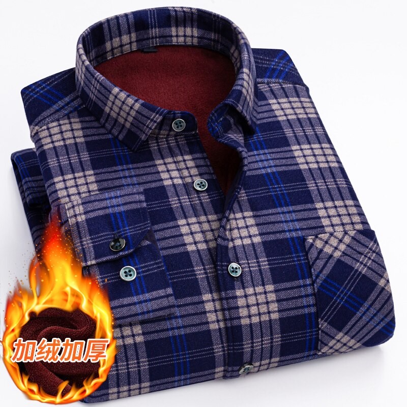 2022 Autumn and Winter New Men's Fashion Casual Long-Sleeved Plaid Shirt Men's Plus Velvet Thick Warm Loose High-Quality Shirt