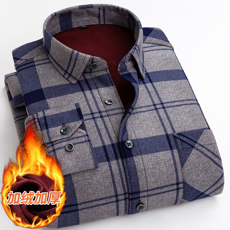 2022 Autumn and Winter New Men's Fashion Casual Long-Sleeved Plaid Shirt Men's Plus Velvet Thick Warm Loose High-Quality Shirt
