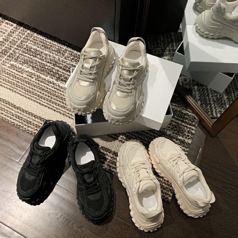 Casual Fashion Unisex Sneakers Natural Leather Mesh Strap Sport Shoes Comfortable Flat Chunky Sneakers