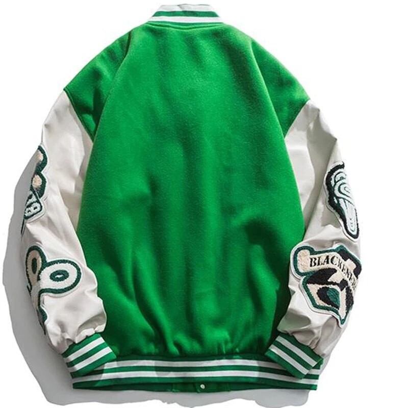 Men Retro Green Varsity Jacket Couple Street Spring Patchwork Color Block Letter Embroidery Bomber Jackets Hip Hop College Coats