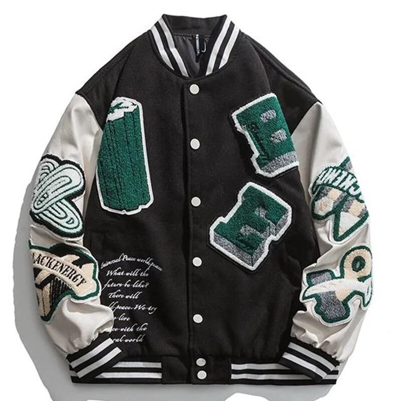 Men Retro Green Varsity Jacket Couple Street Spring Patchwork Color Block Letter Embroidery Bomber Jackets Hip Hop College Coats