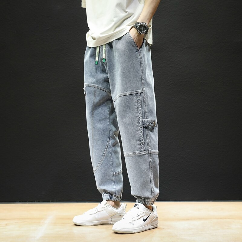 Four Seasons Black Blue Cargo Jeans Versatile Men Streetwear Denim Jogger Pants Baggy Harem Jean Trousers Plus Size 6xl 7xl 8xl