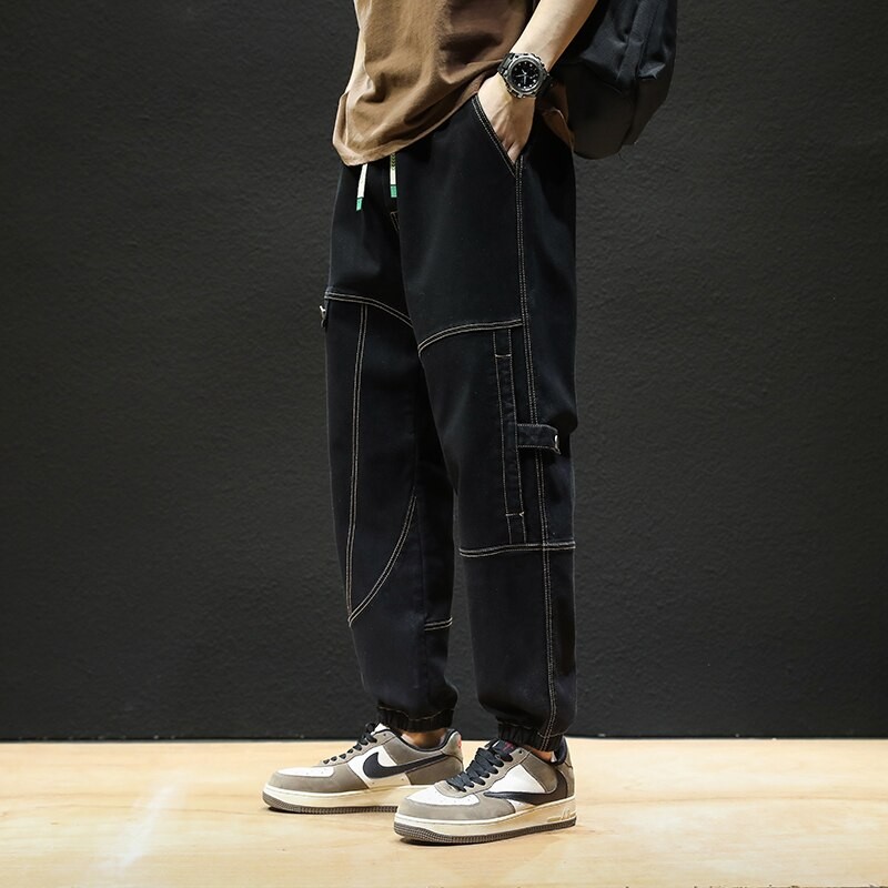 Four Seasons Black Blue Cargo Jeans Versatile Men Streetwear Denim Jogger Pants Baggy Harem Jean Trousers Plus Size 6xl 7xl 8xl