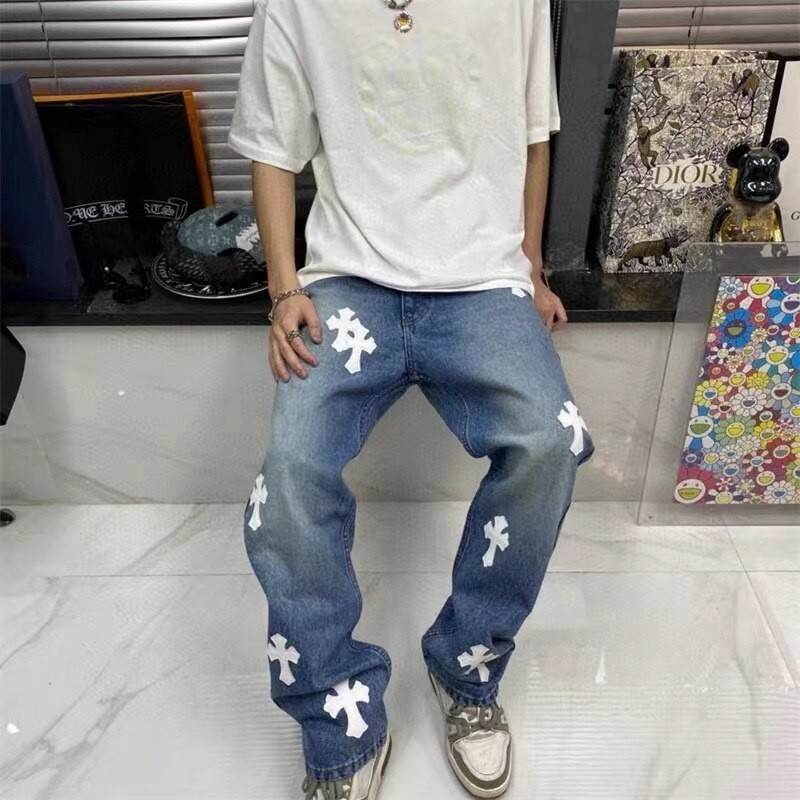 2022 High Street Fashion Sanskrit Letter Chrome Jeans Men's and Women's Hip-Hop Cross Patch Leather Denim Trousers High Quality