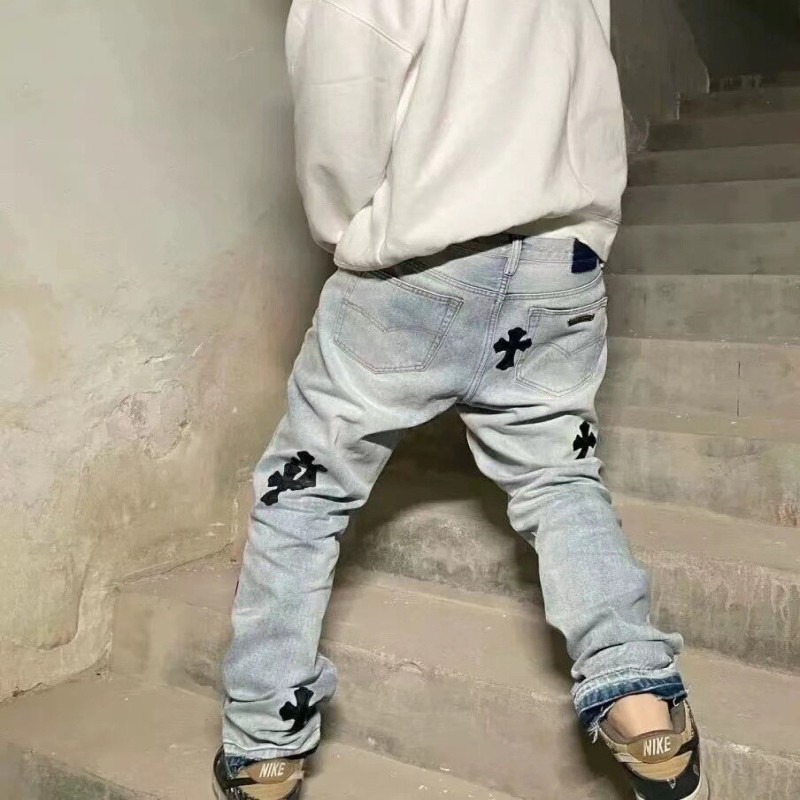 2022 High Street Fashion Sanskrit Letter Chrome Jeans Men's and Women's Hip-Hop Cross Patch Leather Denim Trousers High Quality