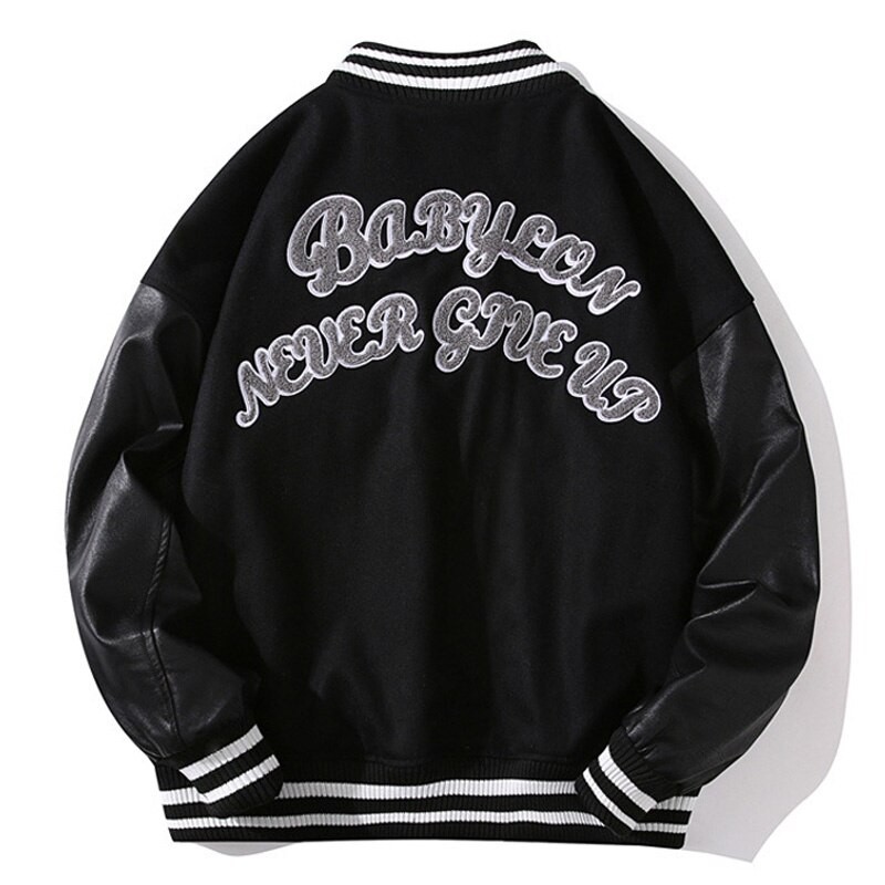 Spring Fall Stitching Leather Sleeve Bomber Jacket Letter Embroidered Black Baseball Uniform Men Women Couple Casual Streetwear