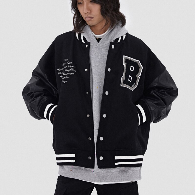 Spring Fall Stitching Leather Sleeve Bomber Jacket Letter Embroidered Black Baseball Uniform Men Women Couple Casual Streetwear