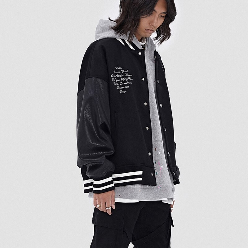 Spring Fall Stitching Leather Sleeve Bomber Jacket Letter Embroidered Black Baseball Uniform Men Women Couple Casual Streetwear