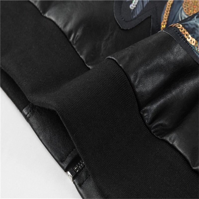 2023 tide autumn and winter new men's stand collar zipper embroidery leather jacket tide brand sequined motorcycle
