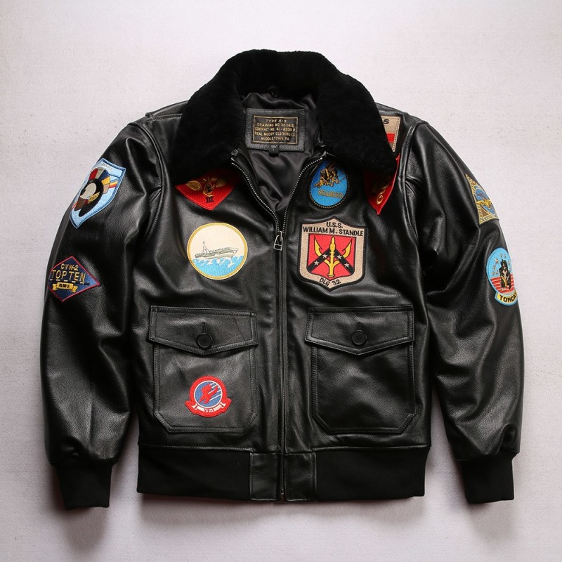 Top Gun G1 Bomber Jackets Brown Black Embroidery Classic Tom Cruise Motorcycle Coat Lamb Collar Leather For Men