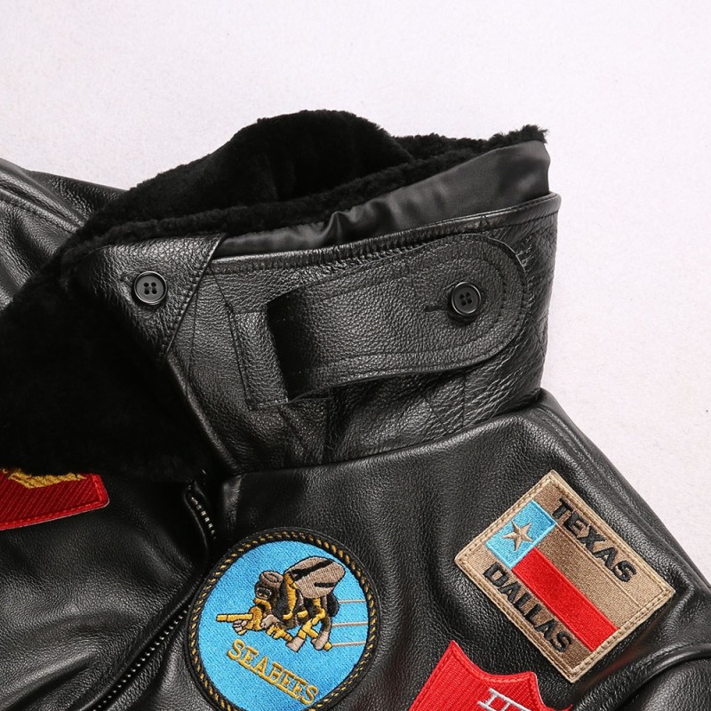 Top Gun G1 Bomber Jackets Brown Black Embroidery Classic Tom Cruise Motorcycle Coat Lamb Collar Leather For Men