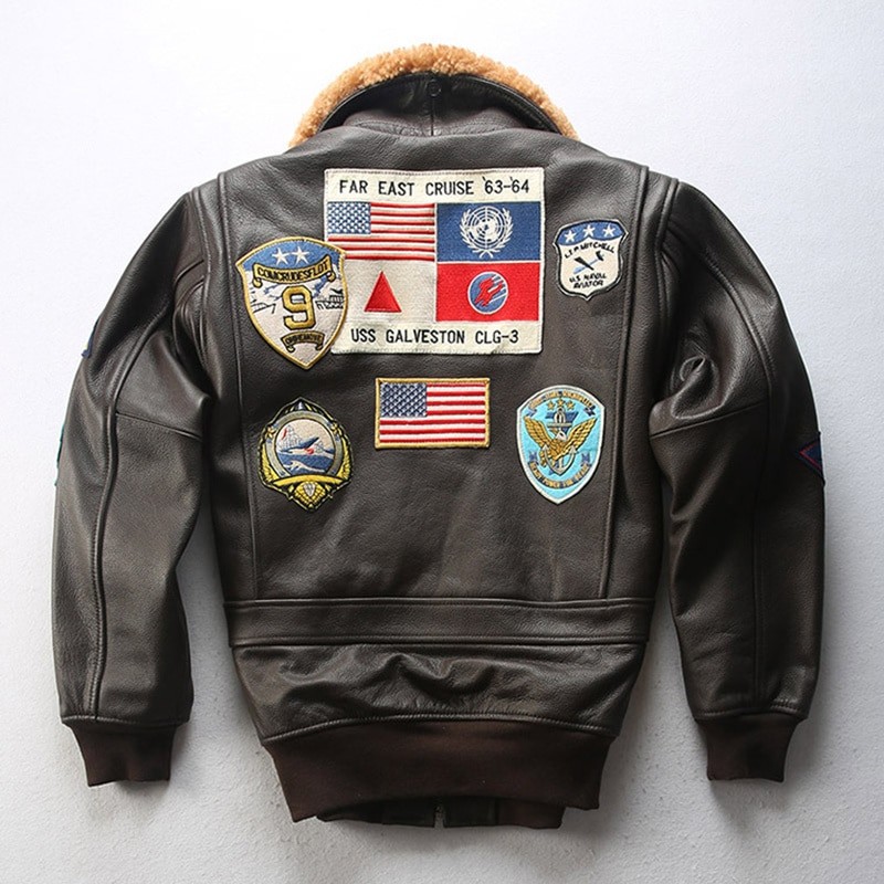 Top Gun G1 Bomber Jackets Brown Black Embroidery Classic Tom Cruise Motorcycle Coat Lamb Collar Leather For Men