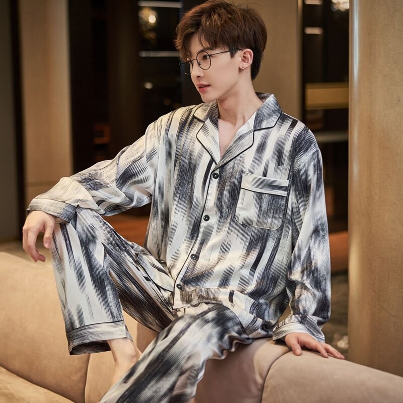 Blue Large Size Men's pajamas Shirt Pants Sleep Pajamas Set Long-sleeved pajamas spring and autumn silk pajamas long-sleeved clo