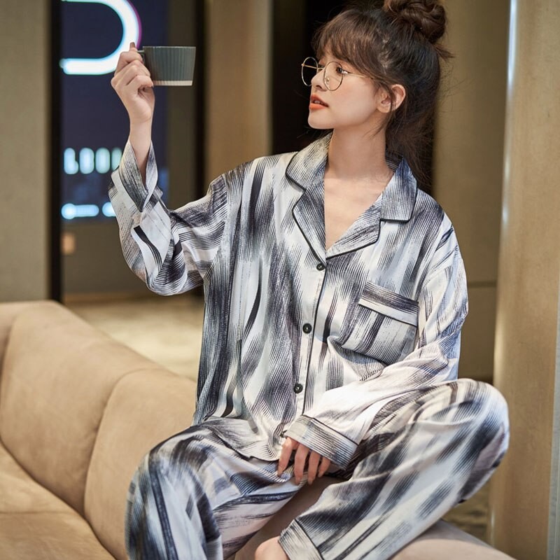 Blue Large Size Men's pajamas Shirt Pants Sleep Pajamas Set Long-sleeved pajamas spring and autumn silk pajamas long-sleeved clo