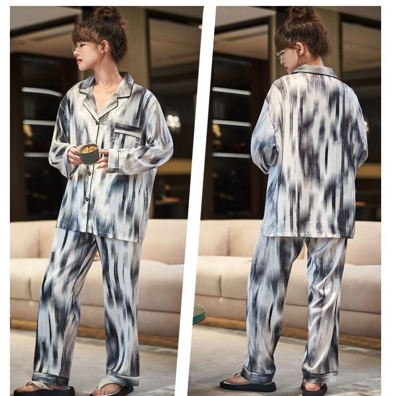 Blue Large Size Men's pajamas Shirt Pants Sleep Pajamas Set Long-sleeved pajamas spring and autumn silk pajamas long-sleeved clo