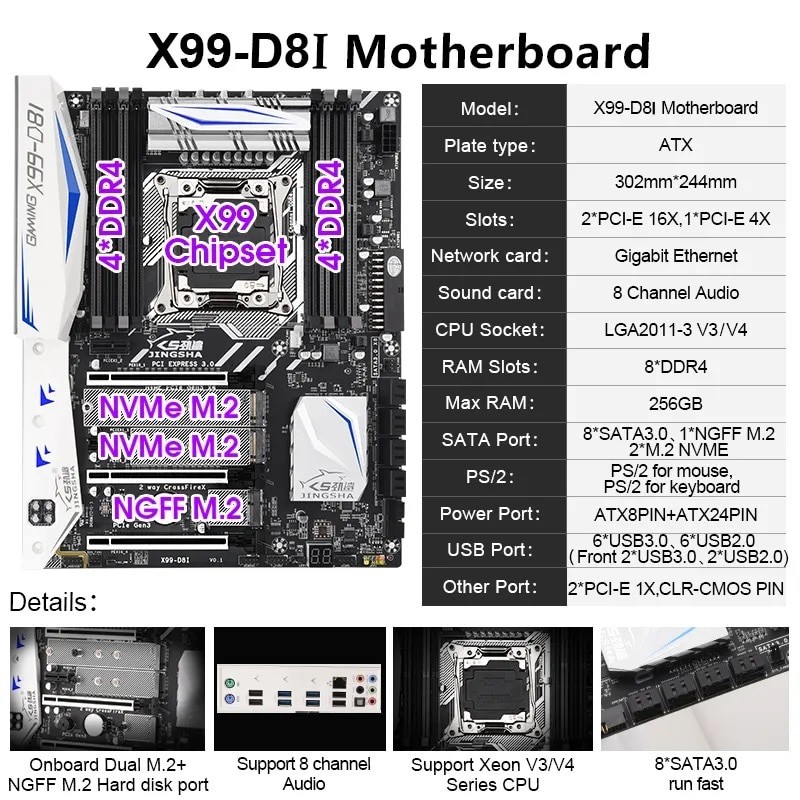 JINGSHA New X99 D8I Motherboard X99 Chip Support E5 V3V4 LGA 2011-3 Ã¢â‚¬â€¹Processor With WIFI + Bluetoth NGFF M.2 High-end Game Board