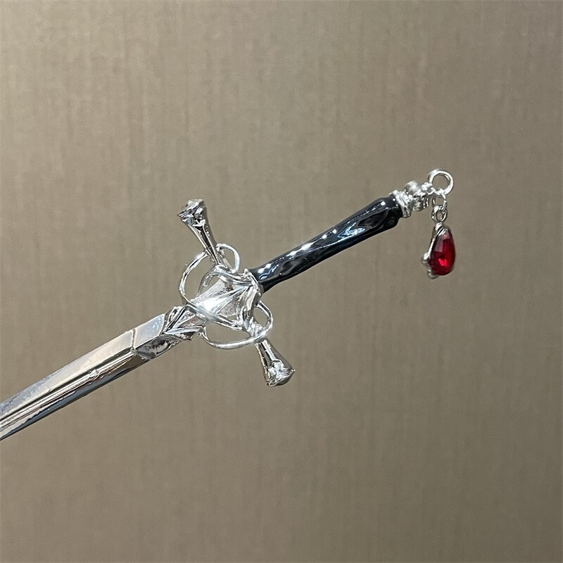 2022 New Chinese Punk Ruby Pendant Sword Hairpin Fashion Simple Modern Headdress Back of The Head Pan Hair Ornament