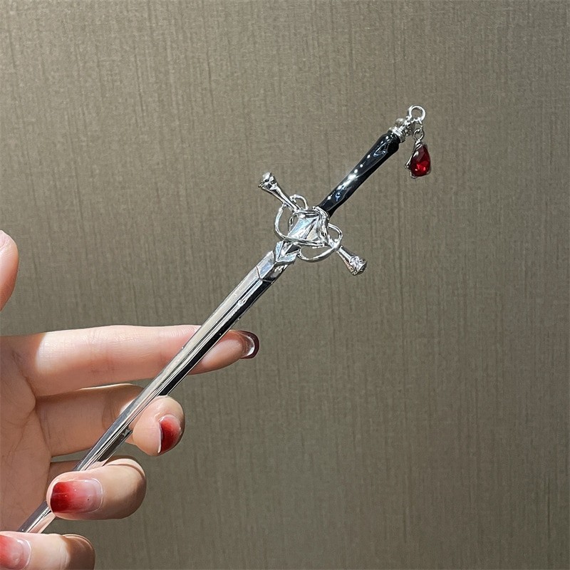 2022 New Chinese Punk Ruby Pendant Sword Hairpin Fashion Simple Modern Headdress Back of The Head Pan Hair Ornament