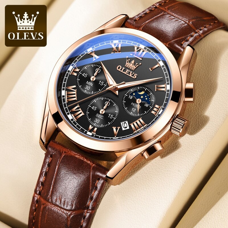 OLEVS NEW Elite Mens Quartz Watches Waterproof Wristwatch Men Luxury Breathable Leather Sports Watch for Boyfriend's Gift