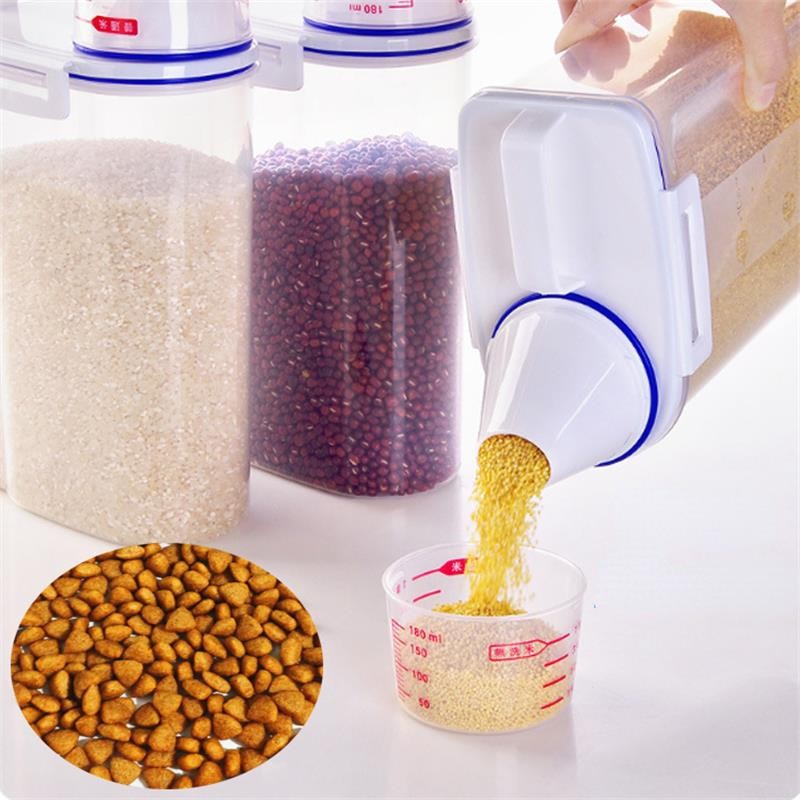 2kg Food Pail Plastic Storage Tank with Measuring Cup Container Moisture-proof Sealed Jar Pet Supplies Accessories