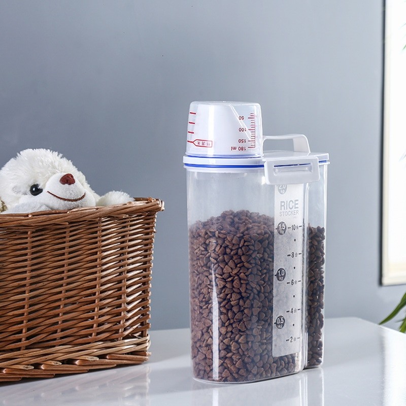 2kg Food Pail Plastic Storage Tank with Measuring Cup Container Moisture-proof Sealed Jar Pet Supplies Accessories