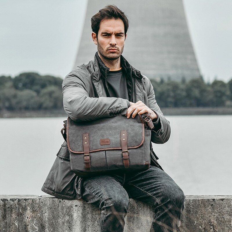 Mens Messenger 14 Inch Vintage Canvas Briefcase Large Satchel Shoulder Rugged Computer Laptop Bag
