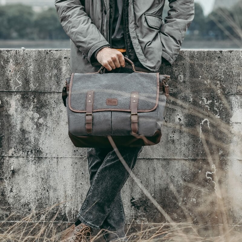 Mens Messenger 14 Inch Vintage Canvas Briefcase Large Satchel Shoulder Rugged Computer Laptop Bag