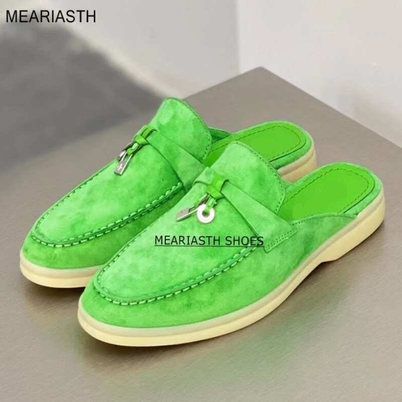 2022 New blue Leather Tassel Women Flat Mules Summer Walk Slides Suede Closed Toe Loafers Surround Comfort Casual Slippers men