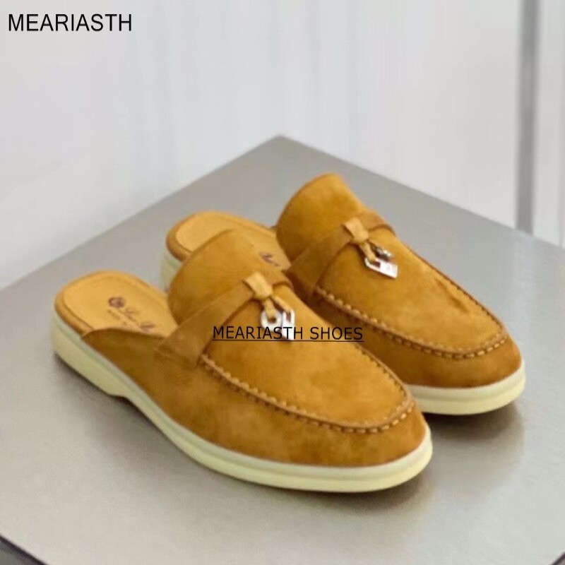 2022 New blue Leather Tassel Women Flat Mules Summer Walk Slides Suede Closed Toe Loafers Surround Comfort Casual Slippers men