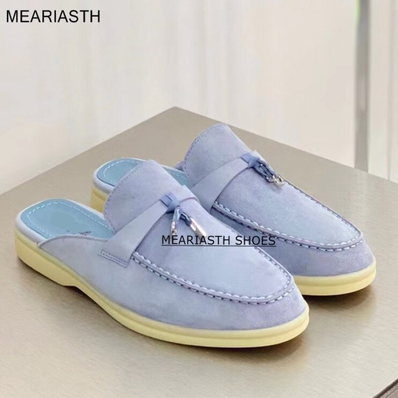 2022 New blue Leather Tassel Women Flat Mules Summer Walk Slides Suede Closed Toe Loafers Surround Comfort Casual Slippers men