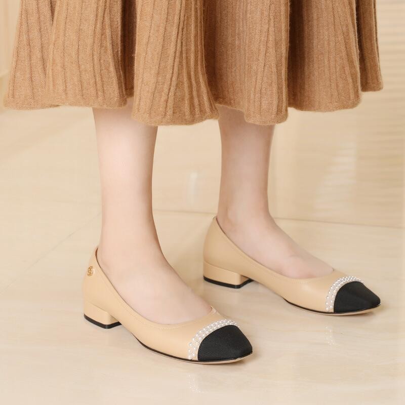 Brand Designer Women's Shoes String Bead Decoration Shoes Concise Shallow  Pumps Genuine Leather Women's Shoes